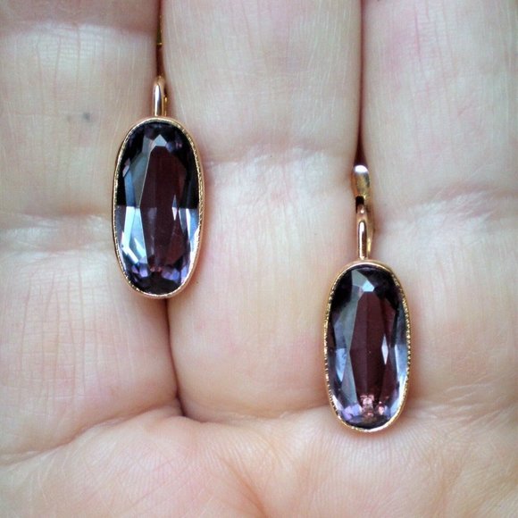 Vintage Russian Russia USSR 14K 583 Rose Pink Gold Alexandrite Dangle EARRINGS - Picture 7 of 8